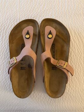 Birkenstock Pink Leather Gizeh Sandals with Gold Buckles